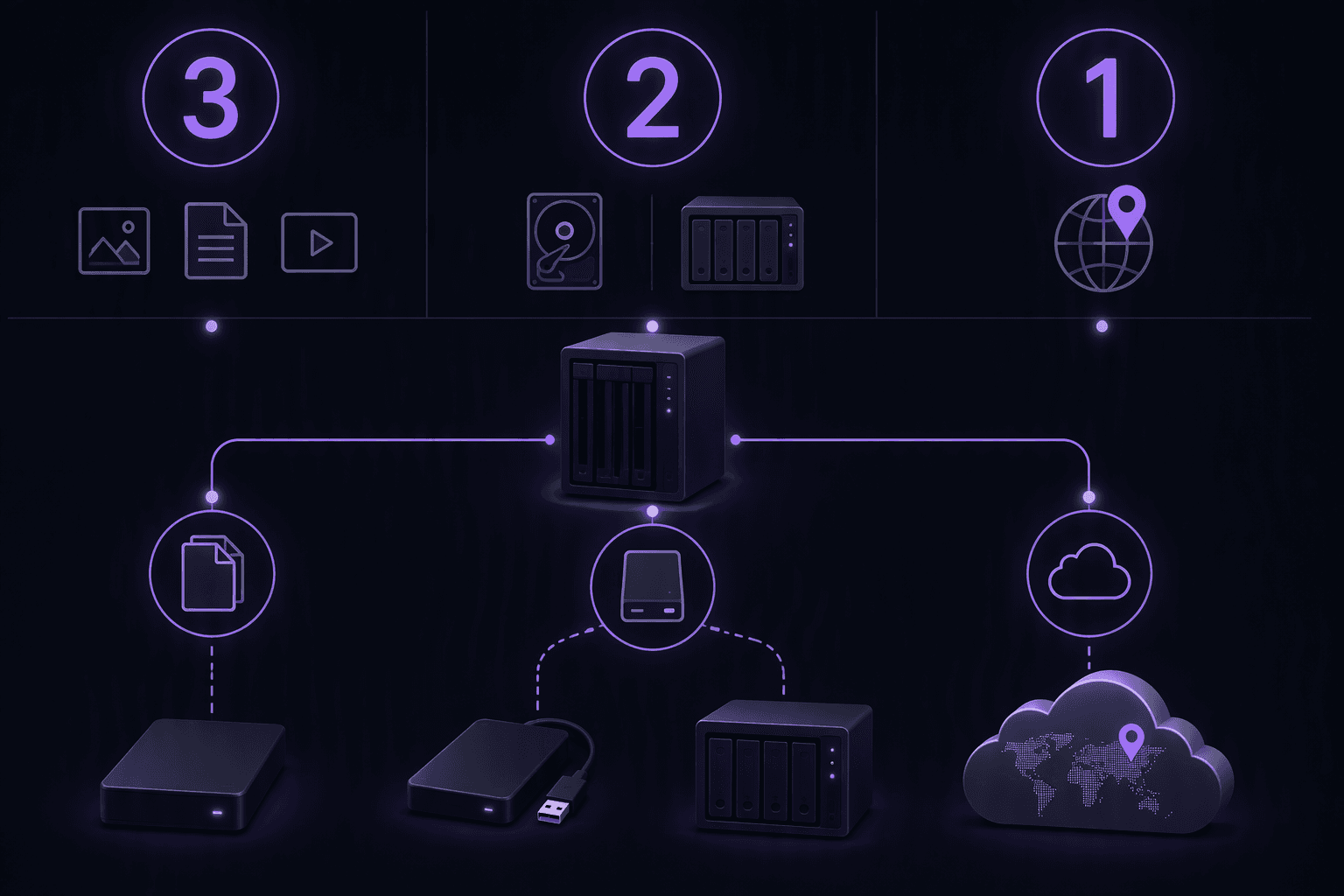 Схема 3 copies / 2 media / 1 offsite. Стиль: чистая техническая инфографика в тёмной палитре.
