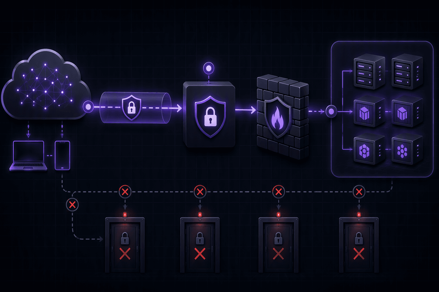 Internet → VPN/reverse proxy → firewall → internal services; админ-интерфейсы закрыты. Стиль: чистая техническая инфографика в тёмной палитре.
