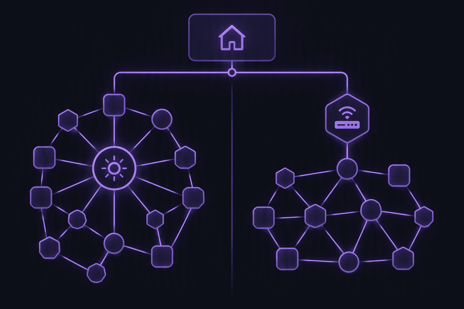 Архитектурная схема Zigbee Coordinator → Zigbee Mesh рядом с Thread Border Router → Thread Mesh → Matter/Home Assistant. Стиль: чистая техническая инфографика в тёмной палитре.