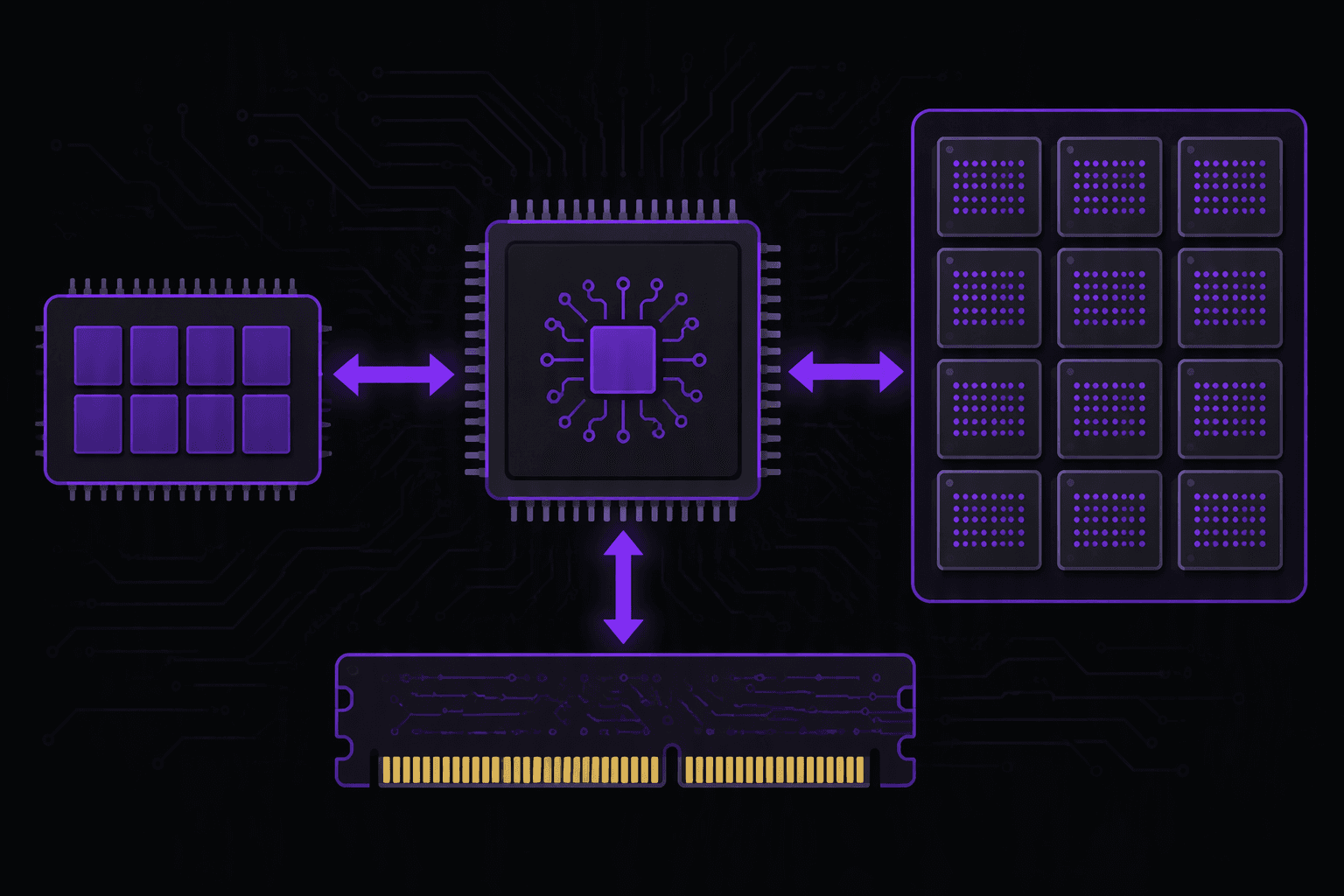 схема NVMe SSD — контроллер, NAND, DRAM/кэш и PCIe-интерфейс. Стиль: образовательная техническая инфографика без брендов.